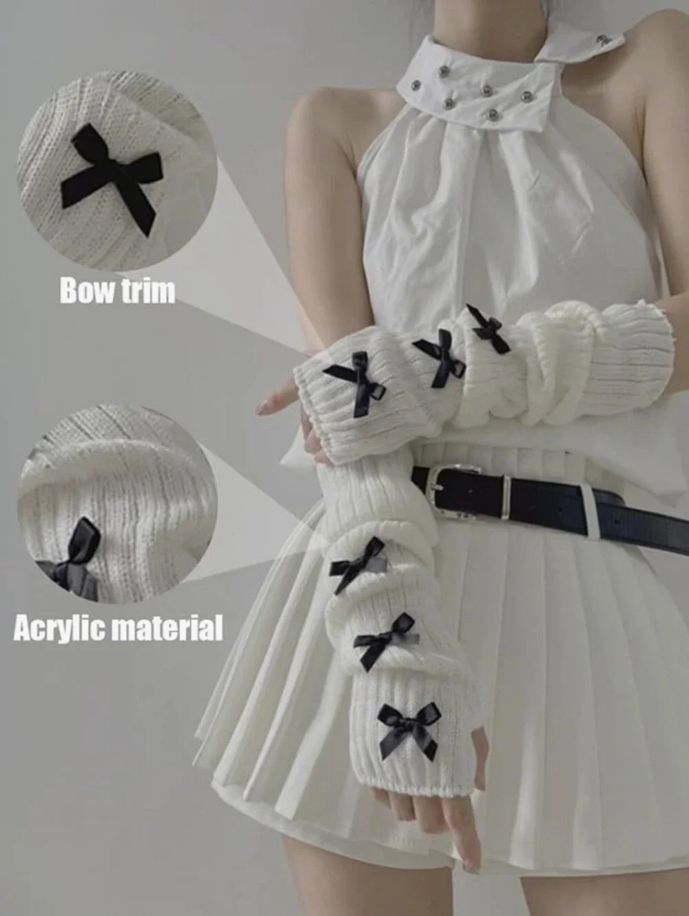 Women’s White Knit Arm Warmers with Black Bows
